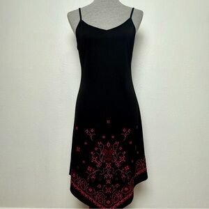 Vintage Black Slip Dress Floral Hot Pink Sleeveless V Neck Knee Length 90s Y2K